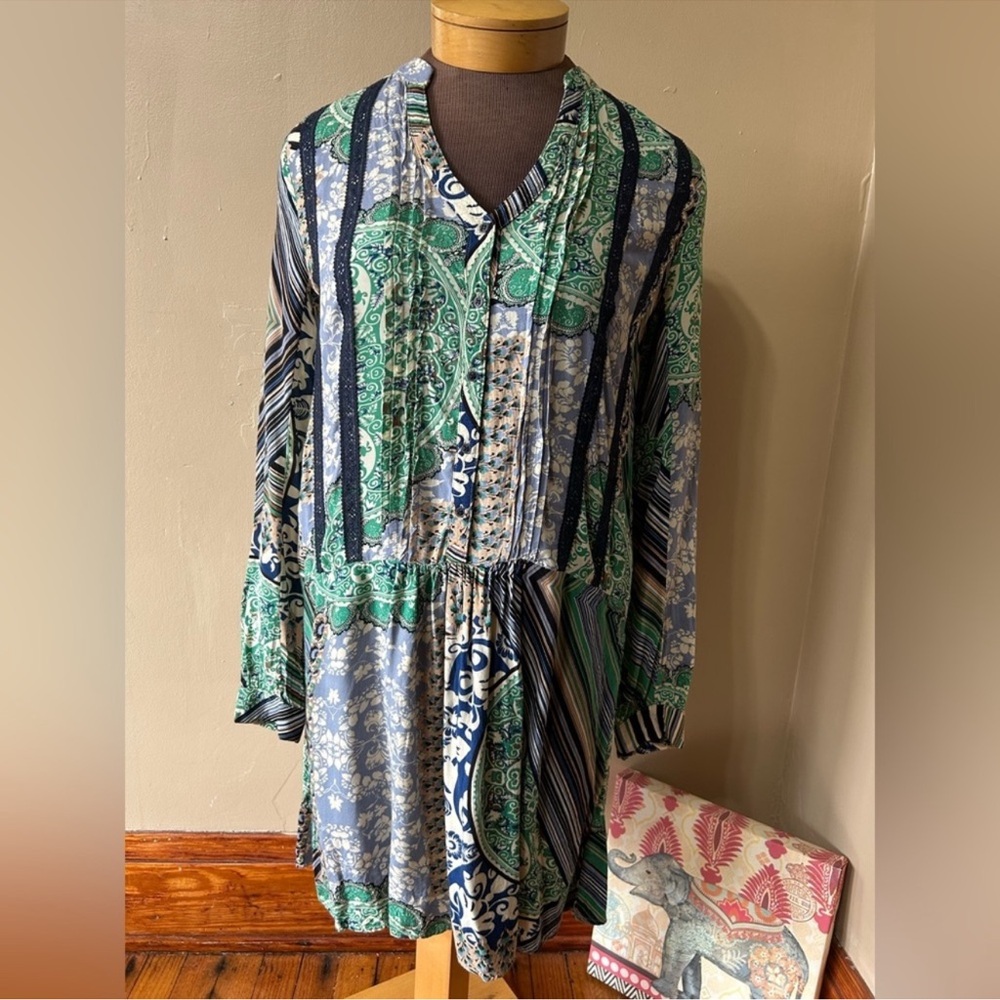 Tiny Split Neck Drop Waist Patchwork Dress Small - image 2